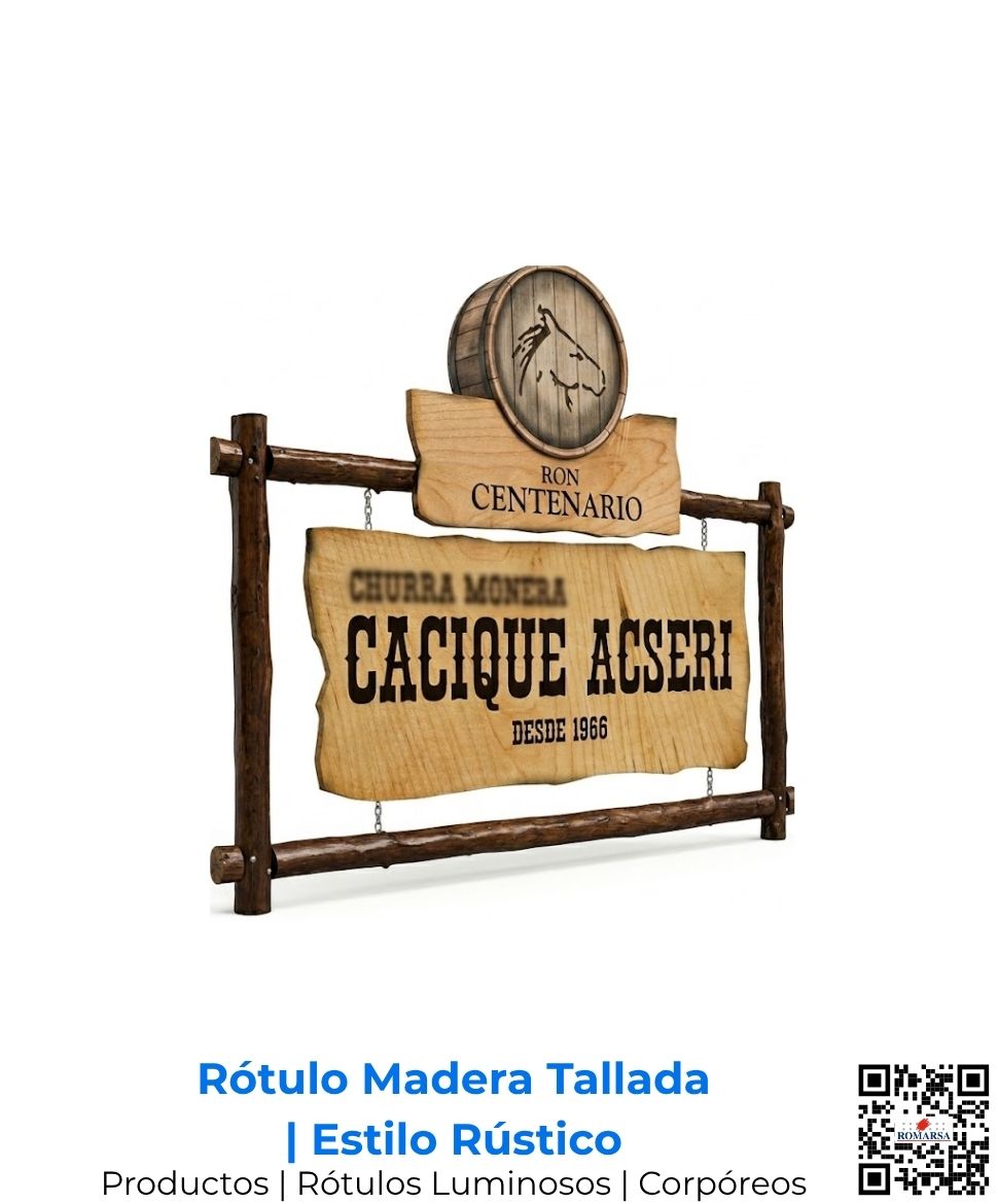 Rótulo premium de madera tallada artesanalmente con un distintivo estilo rústico y acabados de protección exterior, aportando gran calidez y tradición a la marca Cacique Acserí en San José, Costa Rica y Centroamérica.