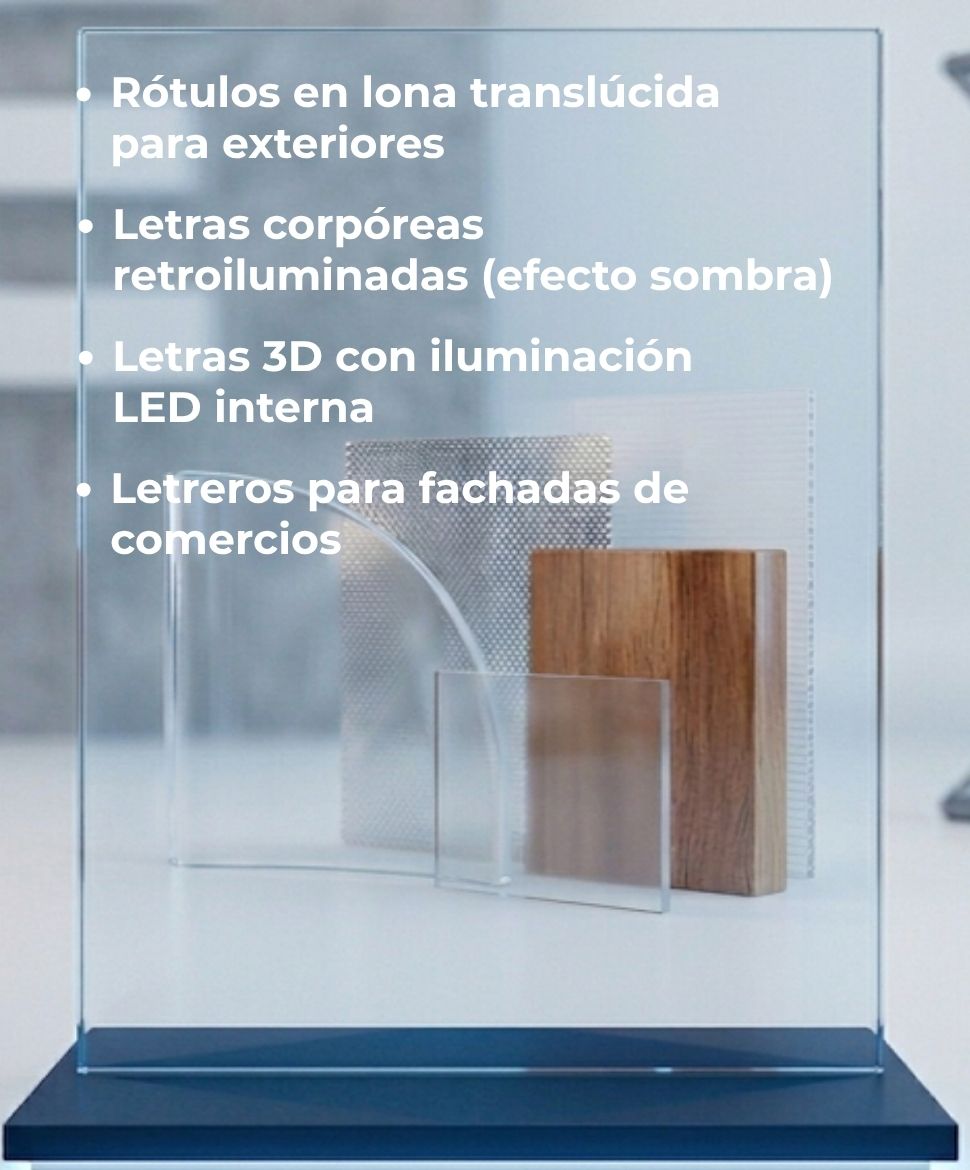 Rótulos en lona translúcida para exteriores, Letras corpóreas retroiluminadas (efecto sombra), Letras 3D con iluminación LED interna, Letreros para fachadas de comercios