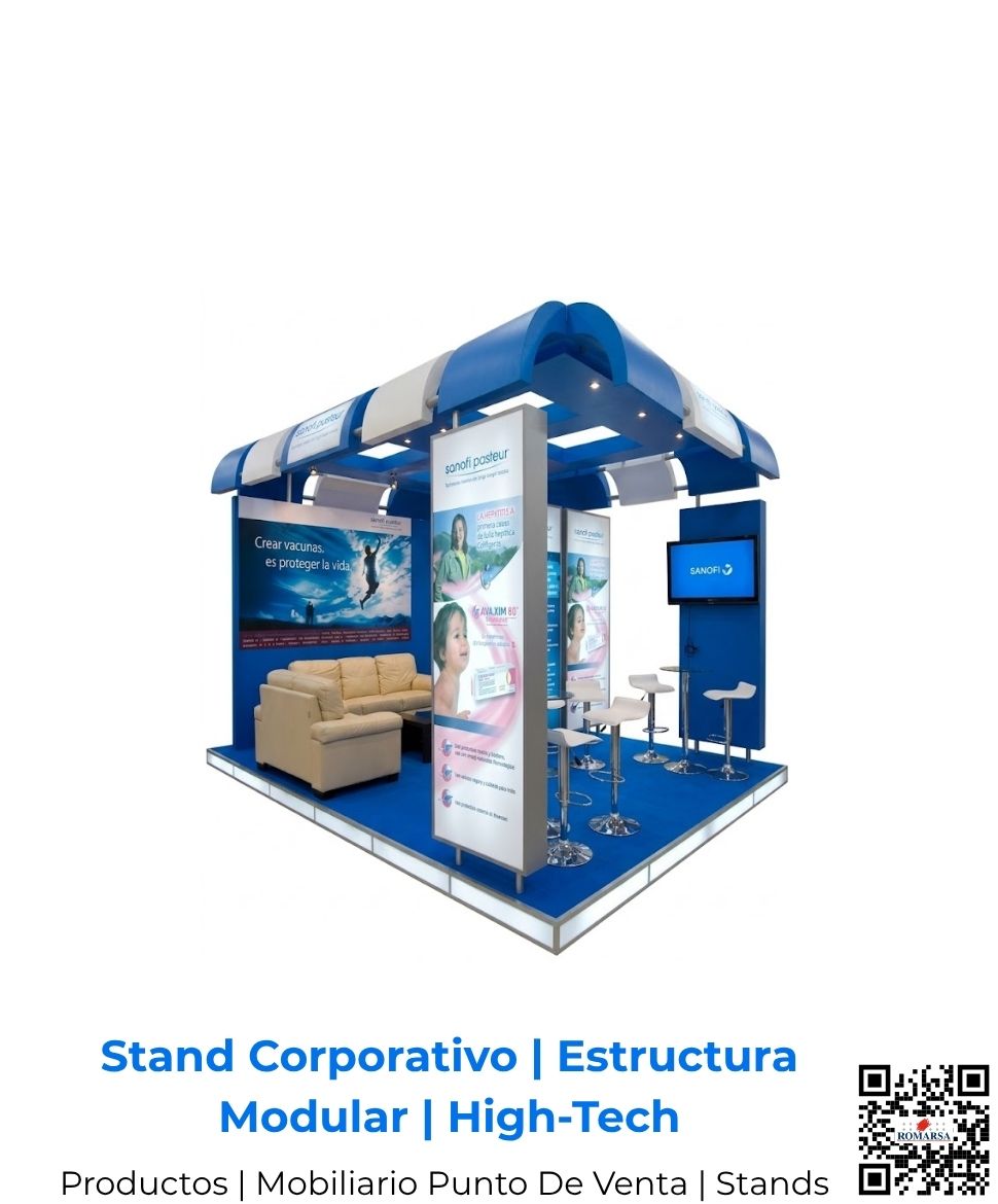 Estructura de stand corporativo modular de color azul y blanco equipado con sillones, mostradores y pantallas de exhibición, en San José, Costa Rica.