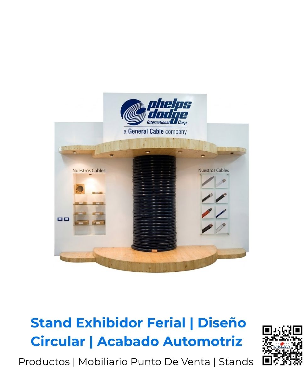 Stand de exhibición comercial de madera MDF con un módulo central circular que muestra un rollo de cable de Phelps Dodge, en San José, Costa Rica.