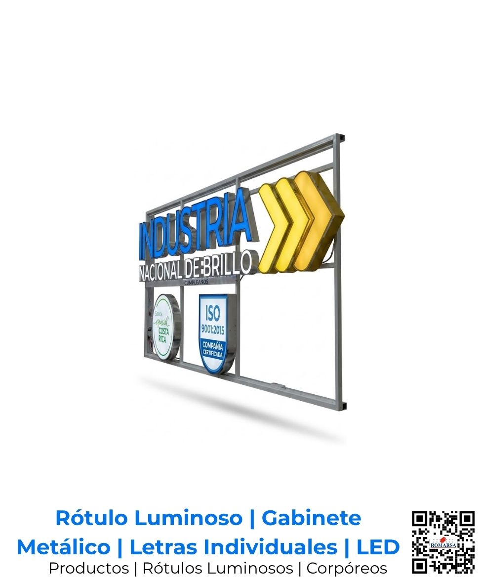 Rótulo luminoso tipo gabinete con estructura metálica y bending de precisión mediante CNC con iluminación interna; rotulación industrial de alta resistencia por Romarsa para Costa Rica.